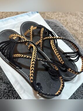 Black Sandals with Yellow Braid Detail